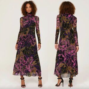 Fuzzi Abito Lungo Maxi Dress in Black Pink Purple Floral Print Mesh Long Sleeve